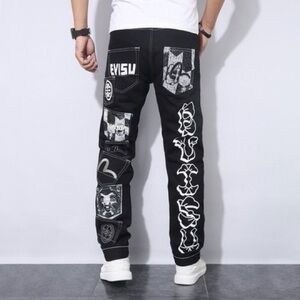 Evisu Black White Multipockets Tapered Embroidered Denim Jeans NWT and Bag